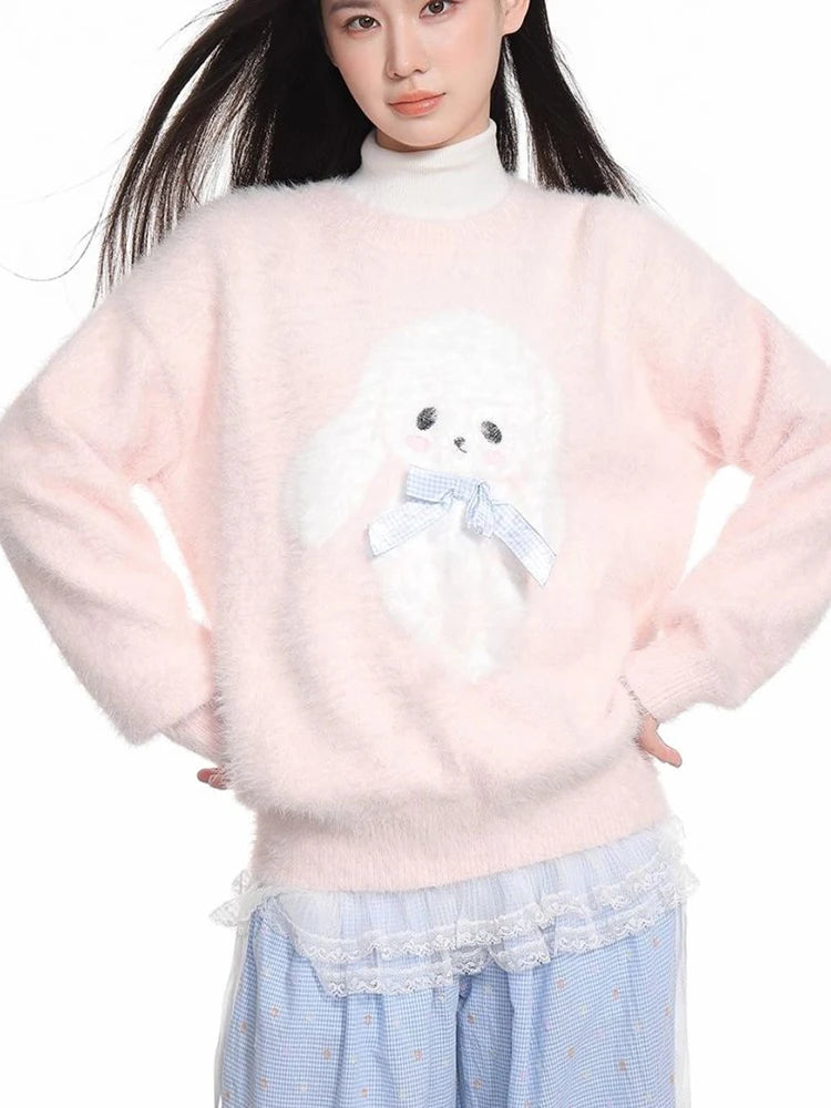 Kawaii Pink Cartoon Bow Sweater with Plush Appliqué