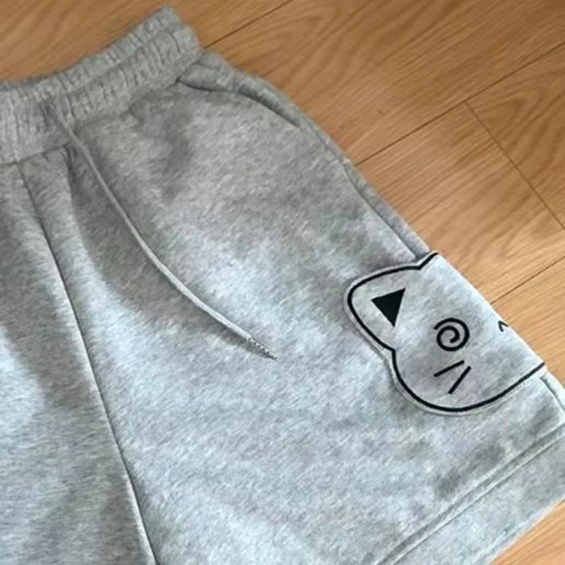 Kawaii Cat Appliqué Wide-Leg Shorts