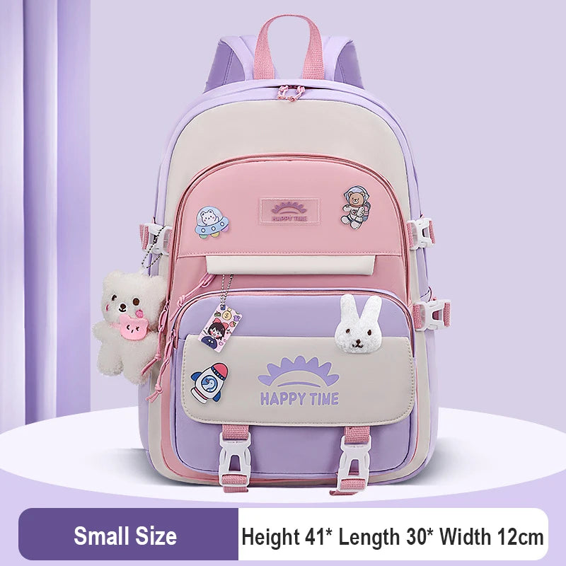 Kawaii Multi-Pocket Nylon Backpack with Bear & Bunny Charms