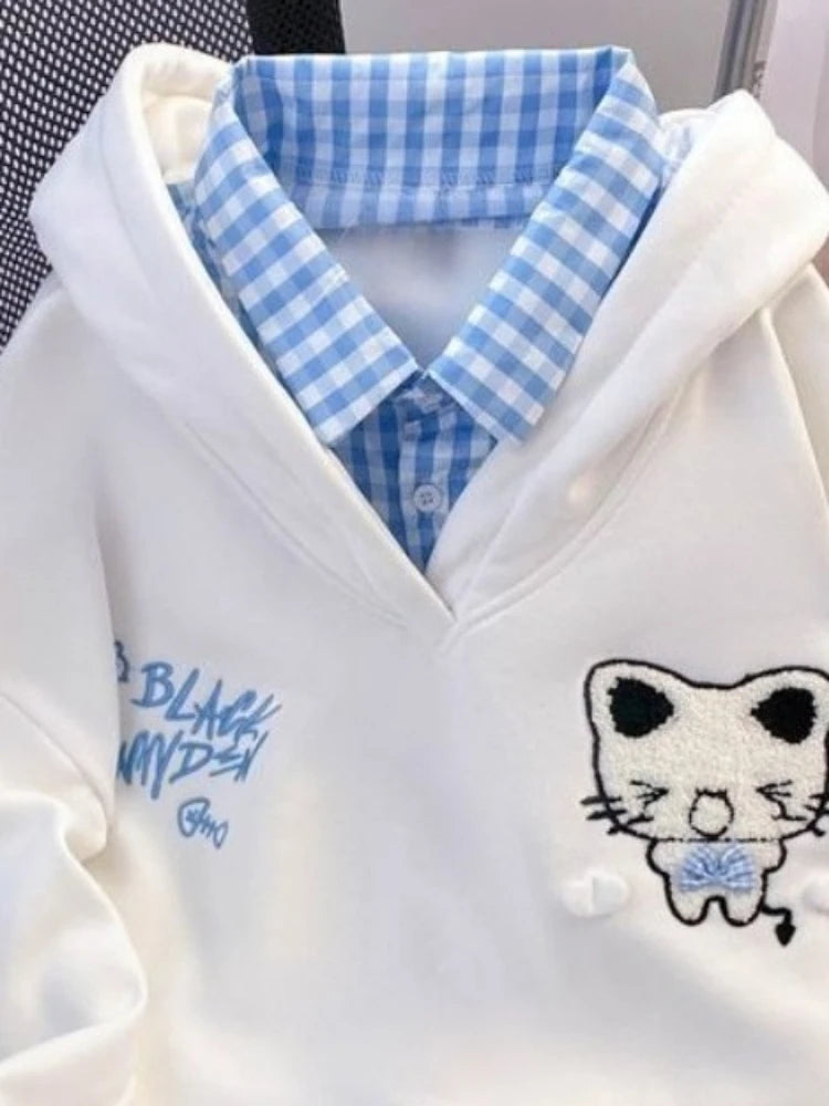 Kawaii Cat Embroidery Gingham-Trim Hoodie