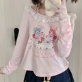 Kawaii Pink Cartoon Print Lace-Trim Long-Sleeve Top