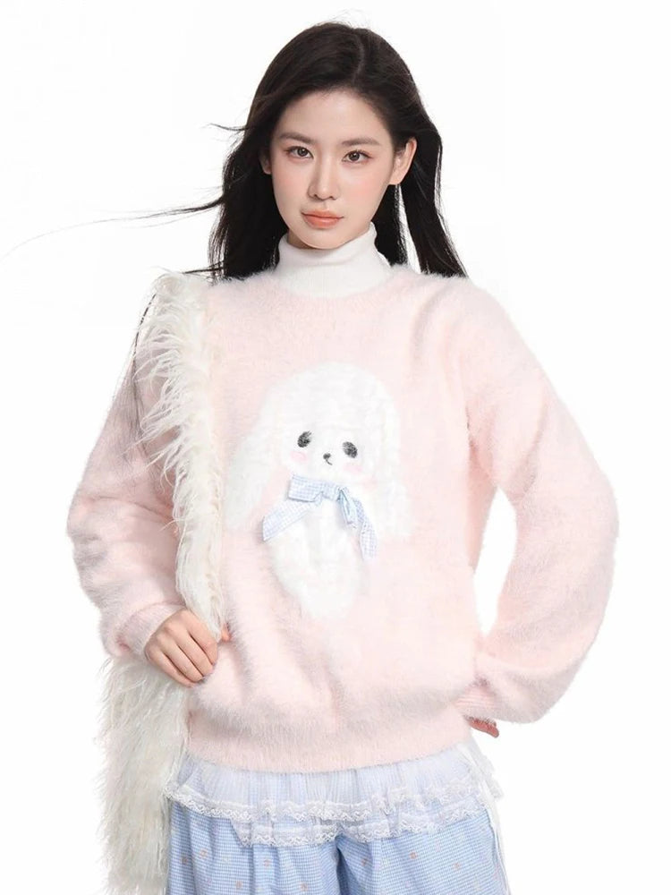 Kawaii Pink Cartoon Bow Sweater with Plush Appliqué