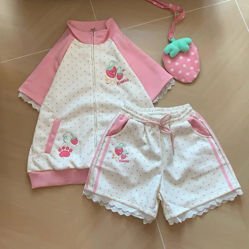 Kawaii Women's Strawberry Embroidered Star-Print Shorts with Lace Trim