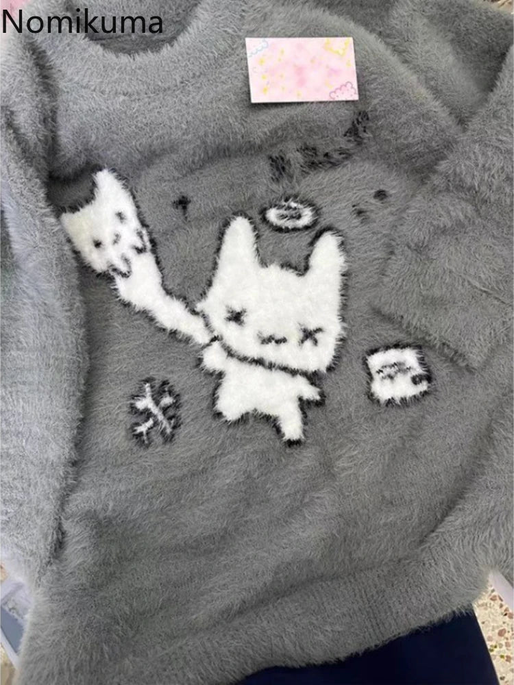Kawaii Women's Gray Cartoon Knit Sweater