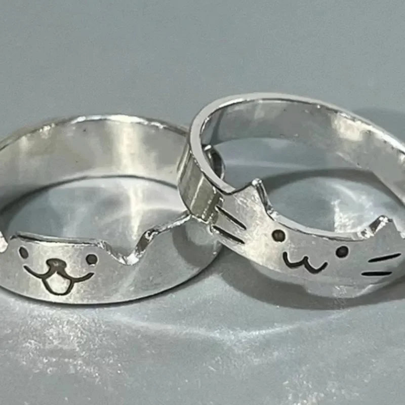 Kawaii Adjustable Silver-Tone Cat and Dog Rings