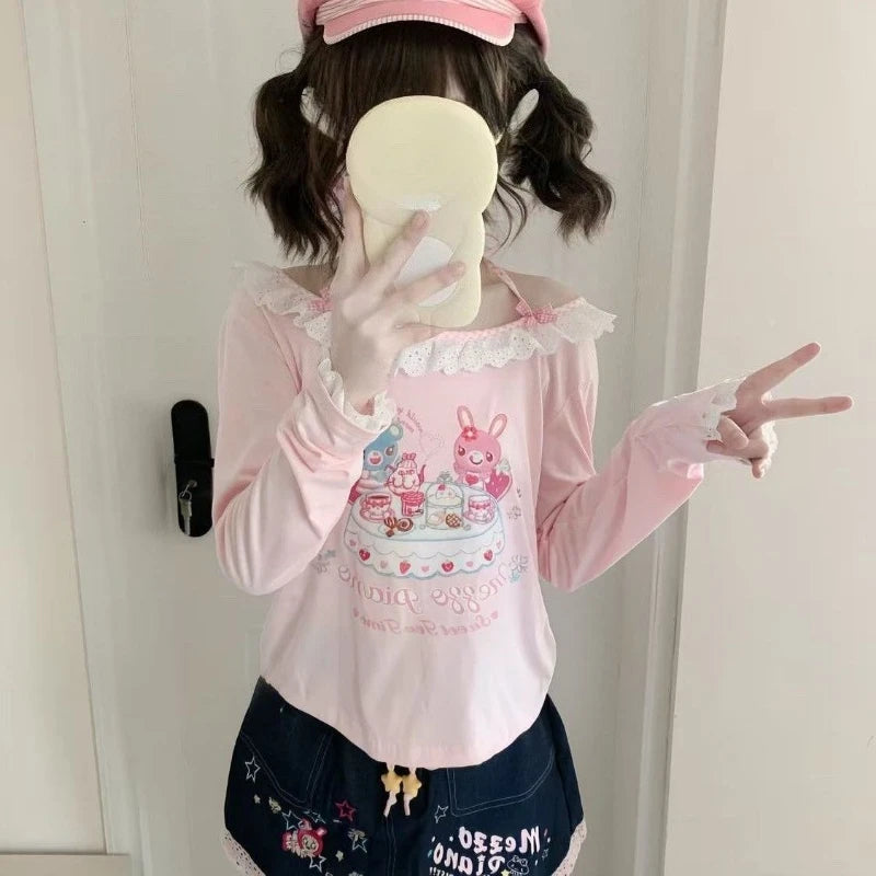 Kawaii Pink Cartoon Print Lace-Trim Long-Sleeve Top