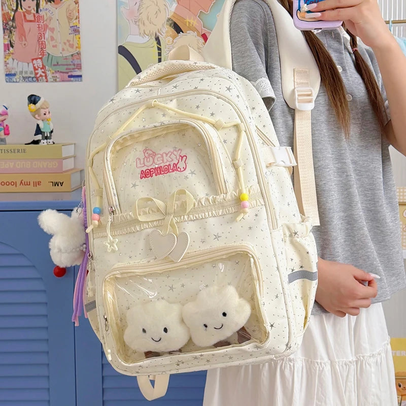 Kawaii Star-Print Multi-Pocket Backpack with Bow and Reflective Details