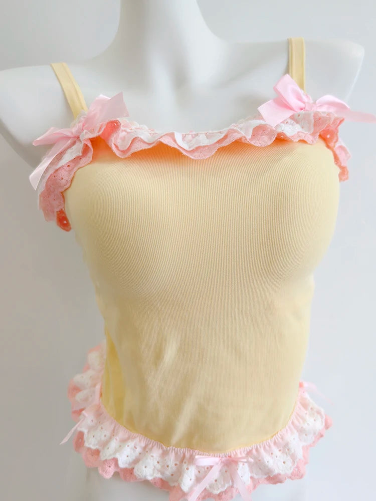 Kawaii Lace-Trim Bow Camisole Tops & Skirt Sets