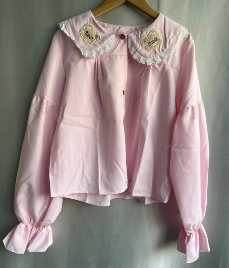 Kawaii Pink Embroidered Peter Pan Collar Blouse with Lace Trim