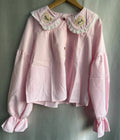 Kawaii Pink Embroidered Peter Pan Collar Blouse with Lace Trim
