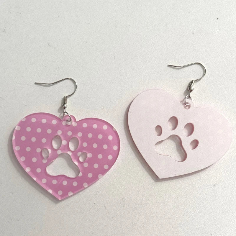 Kawaii Pink Polka Dot Heart Cat Paw Drop Earrings
