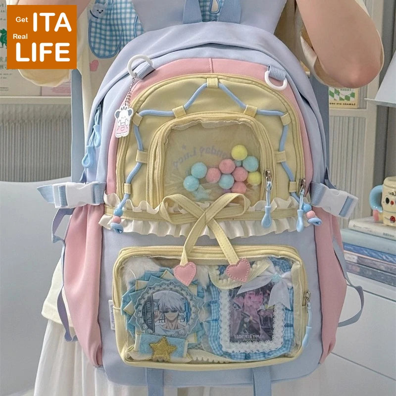 Kawaii Ita Backpack with Clear Display Pockets and Ruffle Bow Detail