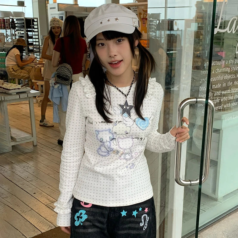 Kawaii Women's White Cat-Print Polka-Dot Knit Long-Sleeve T-Shirt