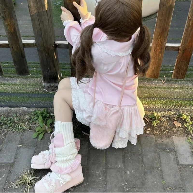 Kawaii Pink Embroidered Peter Pan Collar Blouse with Lace Trim