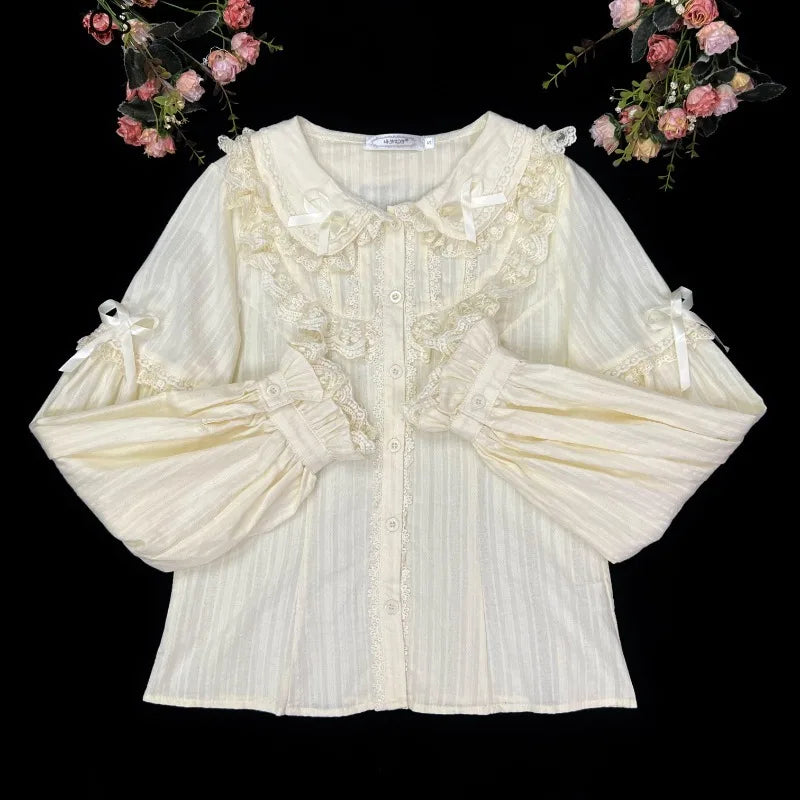 Kawaii Women's Victorian Lace Bow Blouse with Peter Pan Collar