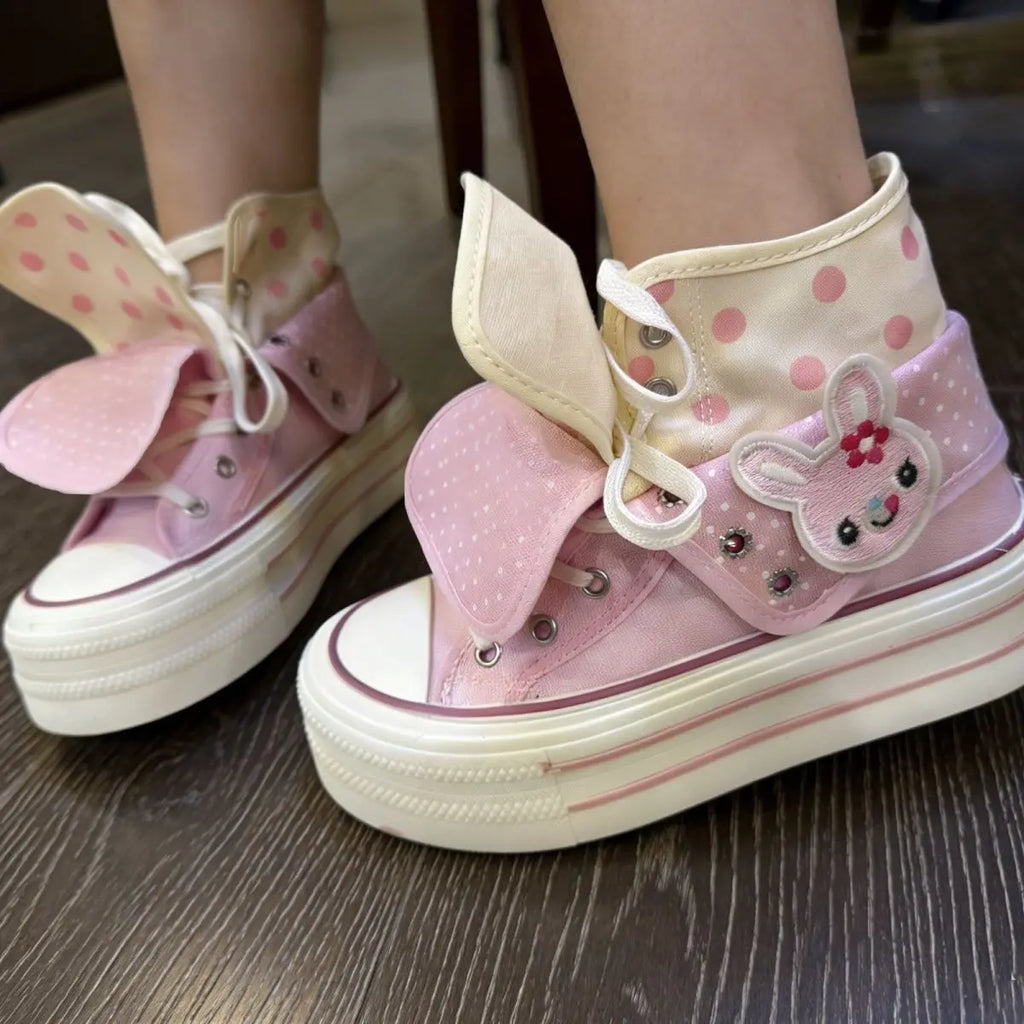 Kawaii Women's Pink Rabbit Polka Dot High-Top Platform Canvas Sneakers