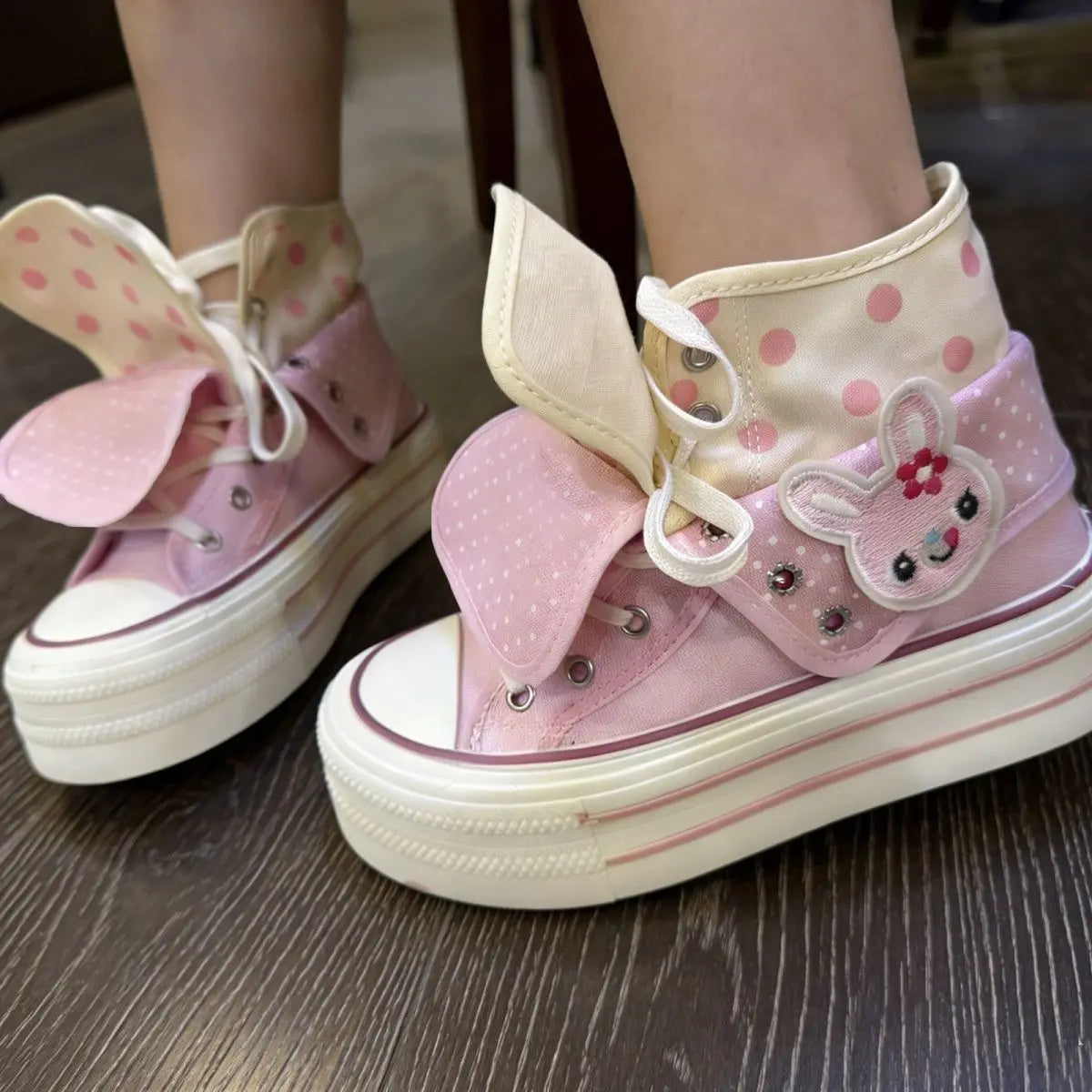 Kawaii Women's Pink Rabbit Polka Dot High-Top Platform Canvas Sneakers
