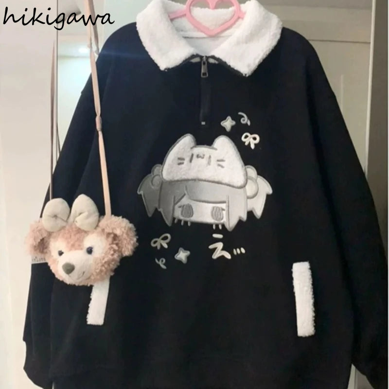 Kawaii Women's Black Cartoon Cat Collar Pullover Sweatshirt
