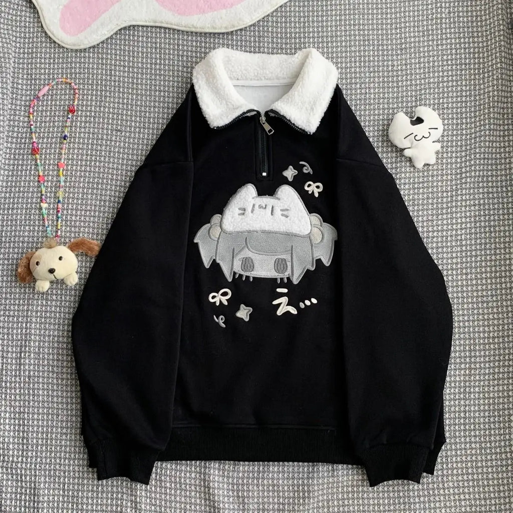 Kawaii Women's Black Cartoon Cat Collar Pullover Sweatshirt