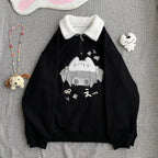 Kawaii Women's Black Cartoon Cat Collar Pullover Sweatshirt