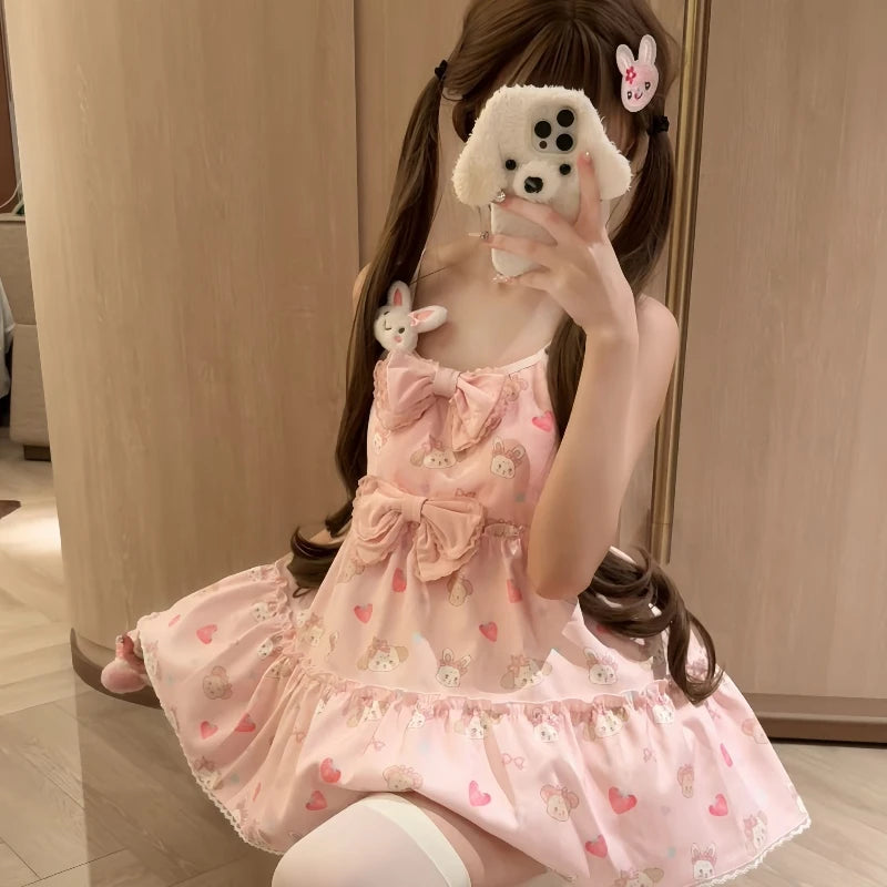 Kawaii Strawberry Print Bow Mini Dress