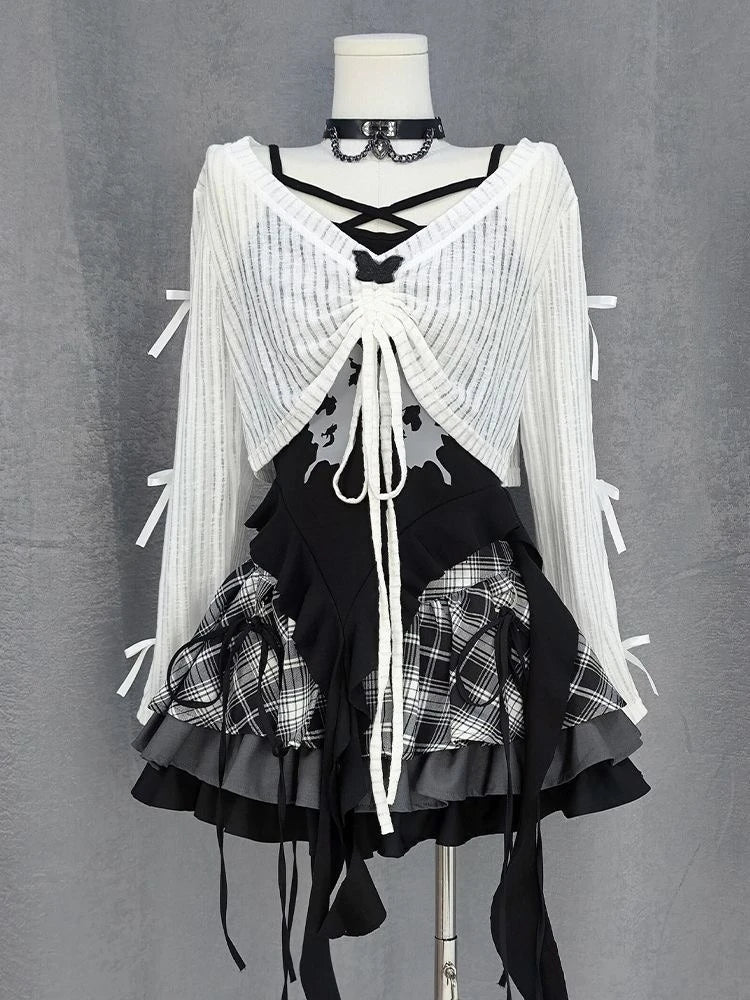 Women's Kawaii 3-Piece Skirt Set with Lace Bow