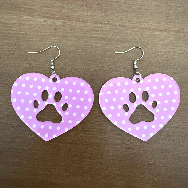 Kawaii Pink Polka Dot Heart Cat Paw Drop Earrings