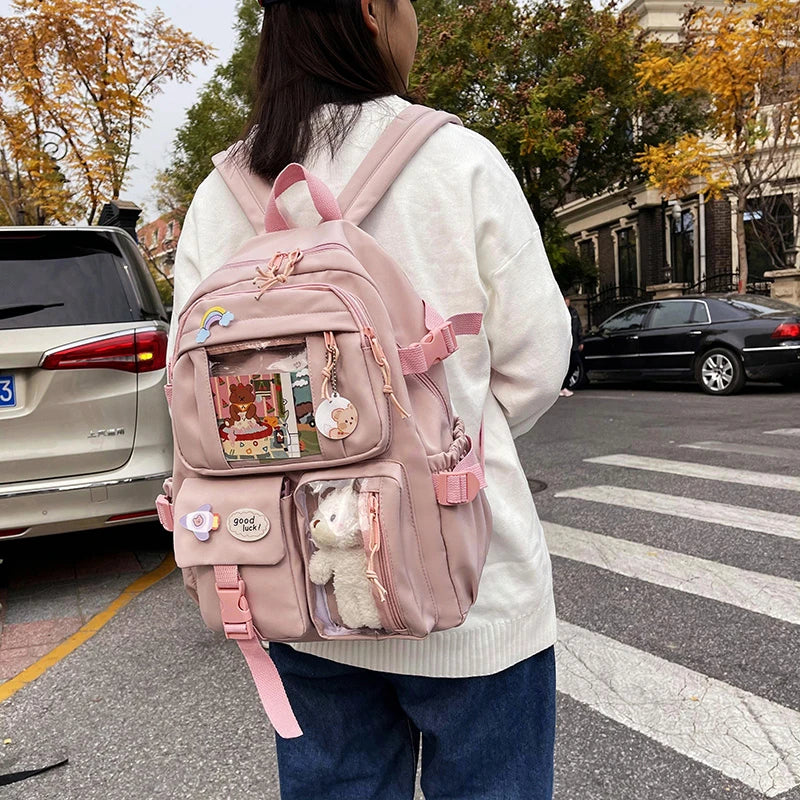 Kawaii Multi-Pocket Nylon Backpack with Laptop Compartment