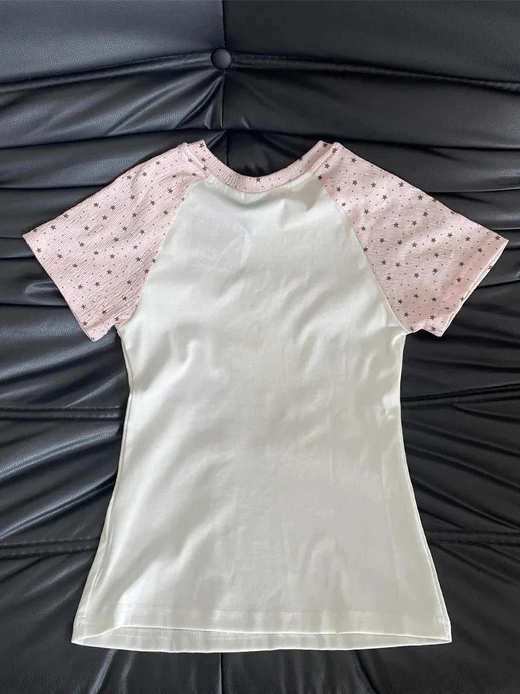 Kawaii Women’s Pink Star Sleeve Graphic T-Shirt