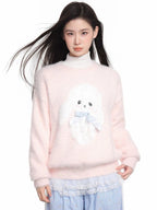 Kawaii Pink Cartoon Bow Sweater with Plush Appliqué