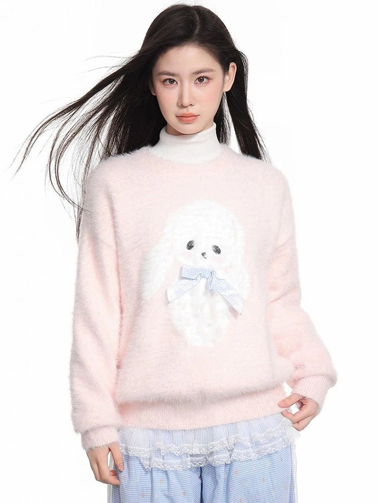 Kawaii Pink Cartoon Bow Sweater with Plush Appliqué