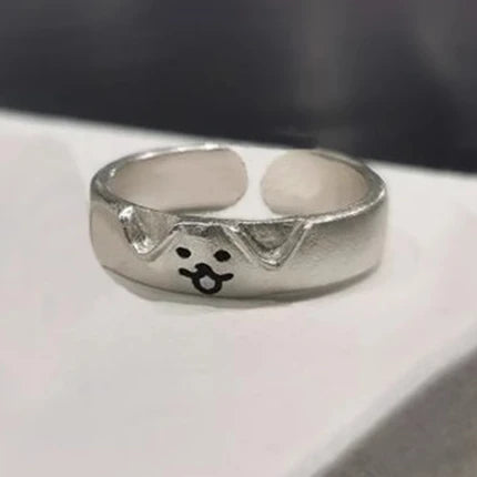 Kawaii Adjustable Silver Cat and Dog Couple Rings