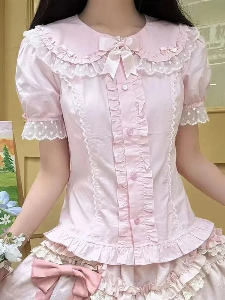 Kawaii Women's Bow-Front Peter Pan Collar Blouse