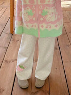 Kawaii Strawberry Embroidered Wide-Leg Pants with Elastic Waist