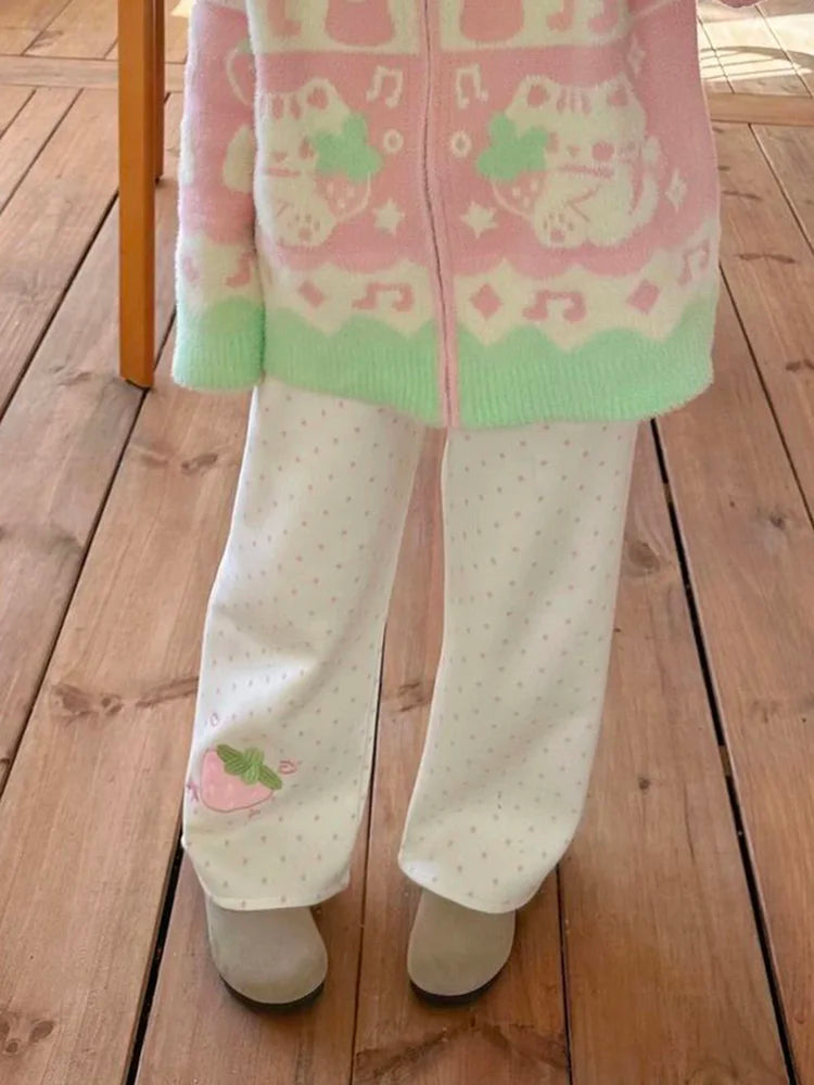 Kawaii Strawberry Embroidered Wide-Leg Pants with Elastic Waist
