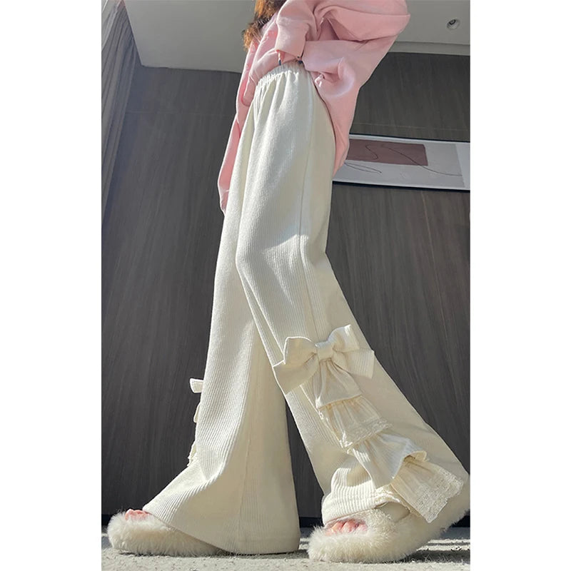 Kawaii Corduroy Flare Pants with Bow and Lace Trim