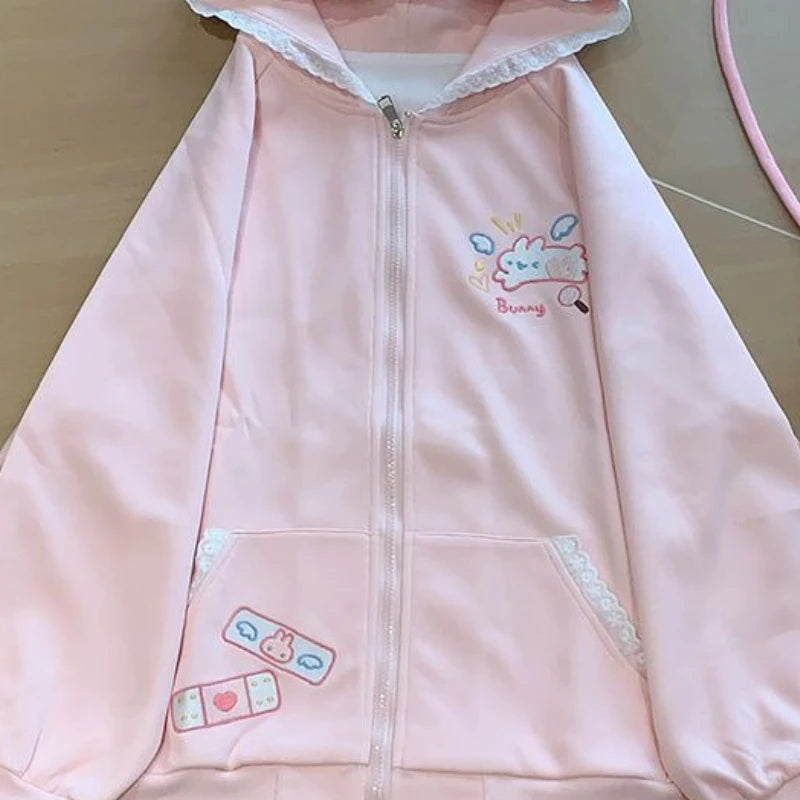 Kawaii Pink Bunny-Ear Hooded Zip-Up Hoodie