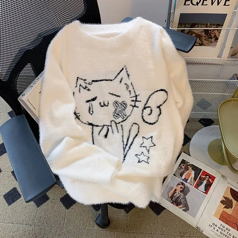 Kawaii White Cat Graphic Knitted Pullover Sweater