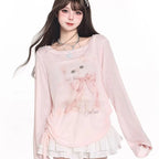 Kawaii Pink Cat Print Long-Sleeve T-Shirt