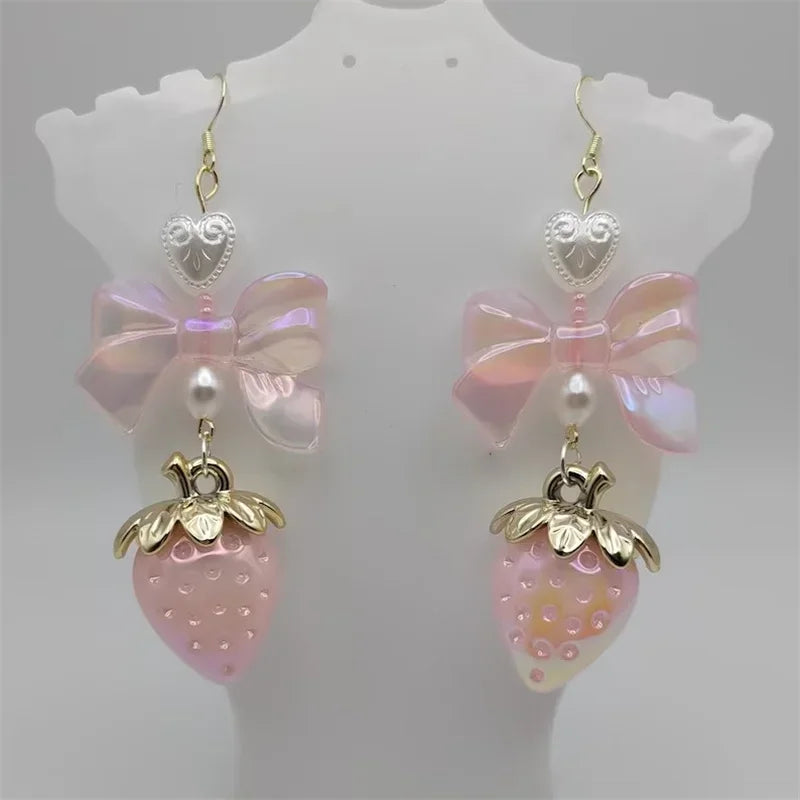 Kawaii Pastel Strawberry Bow Drop Earrings with Heart and Pearl Details