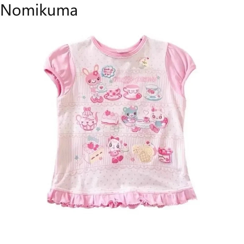 Kawaii Pink Cartoon Print T-Shirt with Ruffle Hem
