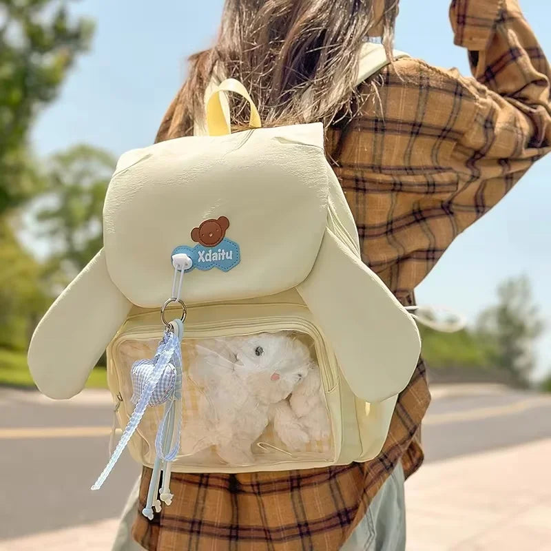Kawaii Rabbit-Ear Ita Backpack with Transparent Front Pocket