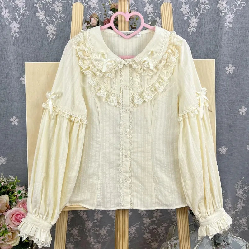 Kawaii Women's Victorian Lace Bow Blouse with Peter Pan Collar