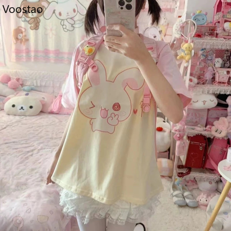 Kawaii Bunny Print T-Shirt with Pink Sleeves