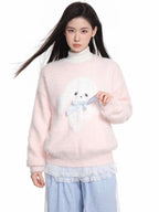 Kawaii Pink Cartoon Bow Sweater with Plush Appliqué