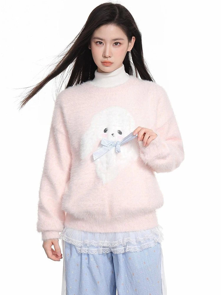 Kawaii Pink Cartoon Bow Sweater with Plush Appliqué