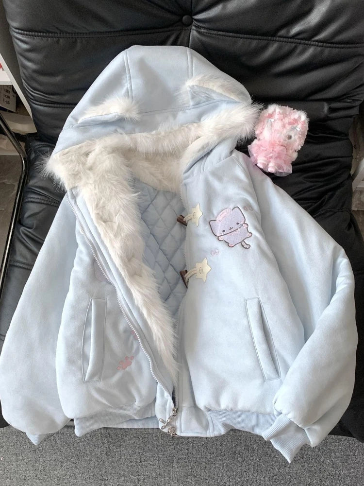 Kawaii Kitty Embroidered Hooded Winter Coat