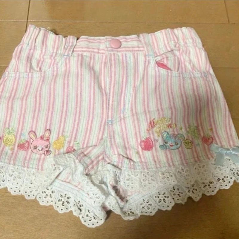Kawaii Women's Striped Cartoon-Embroidered Lace-Trim Shorts