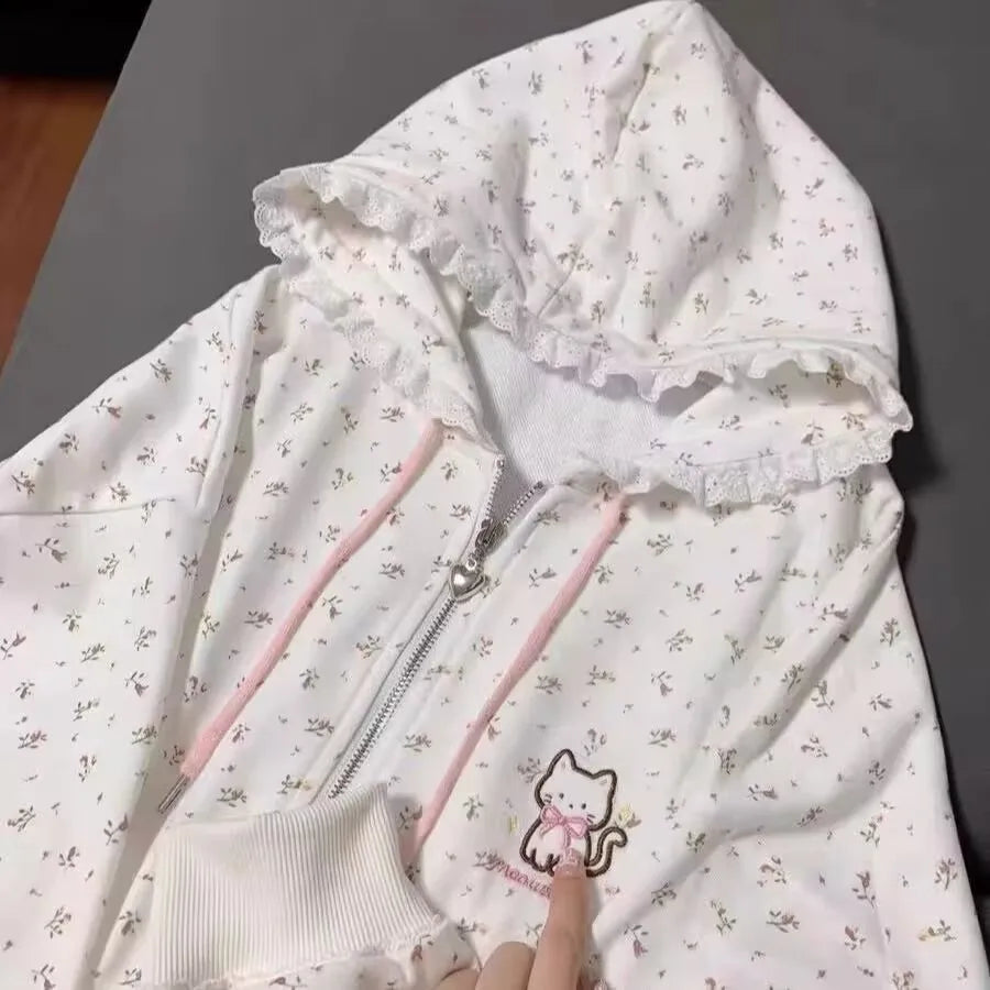 Kawaii Cat Embroidery Hooded Zip Hoodie