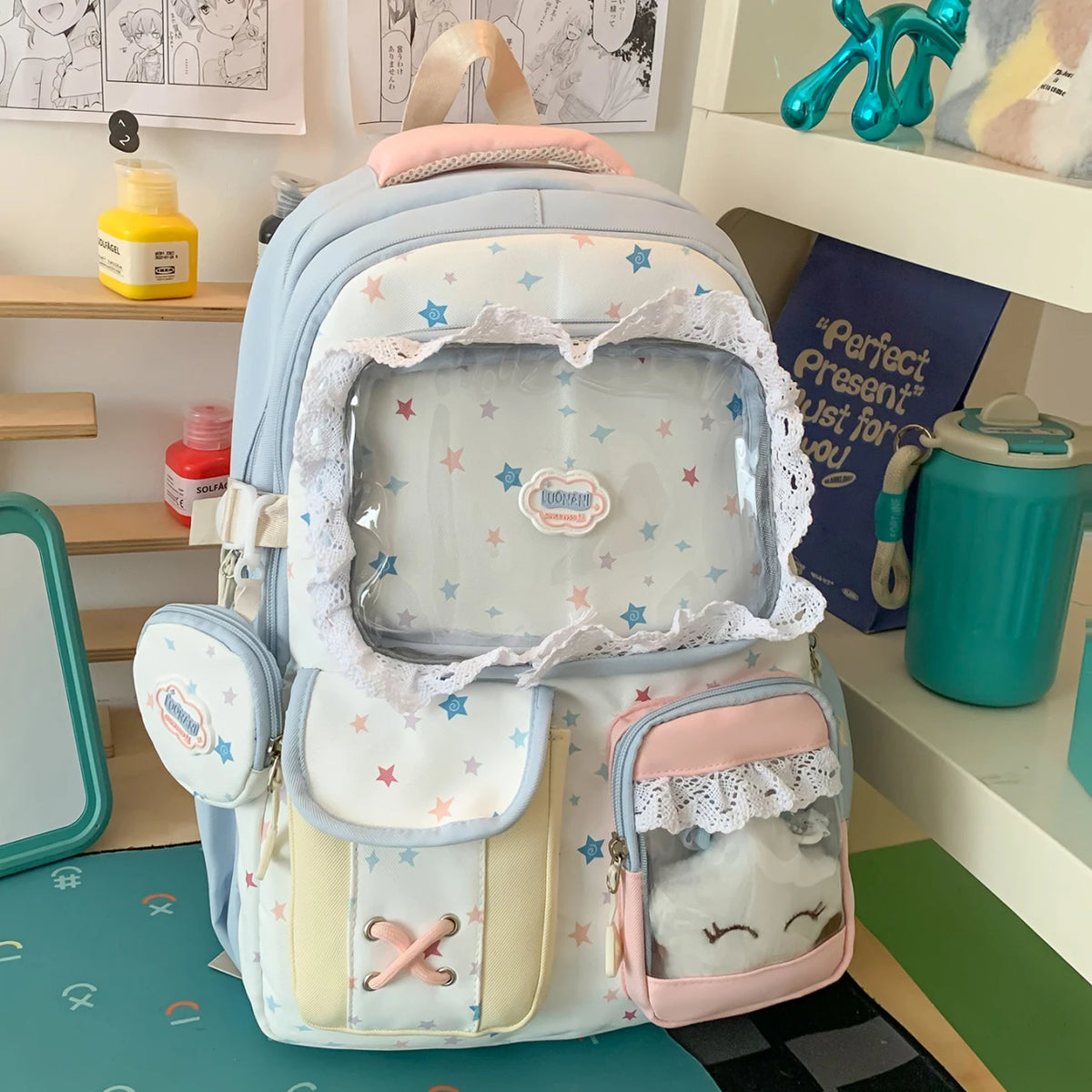 Kawaii Star Print Lace-Trim Backpack with Plush Front Pocket